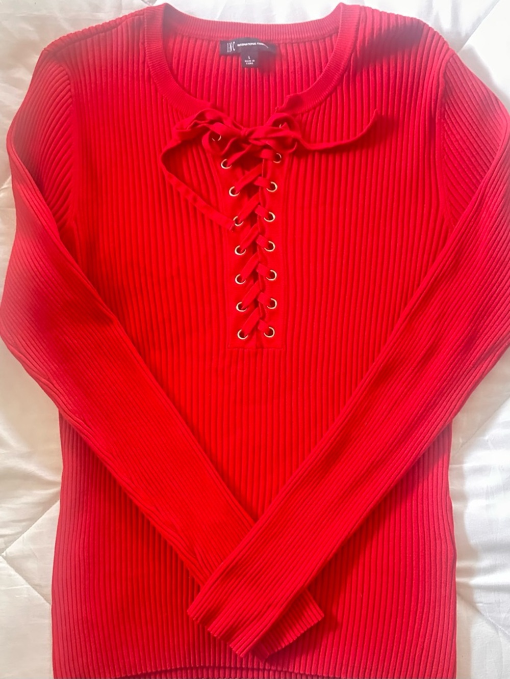 INC International Concepts Red Ribbed Lace-Up Knit Top
